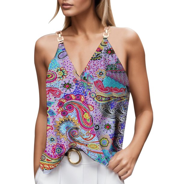 Gibobby Chaleco estampado con cuello en V para mujer con blusa sin mangas de verano con hebilla de metal(Rojo,XG)