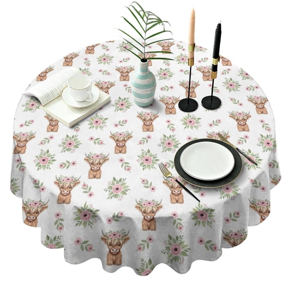 White Highland Cow Flower Pattern Round Tablecloth 60"x60",Wrinkle Wipeable Table Cloth for Kitchen Dining Room Picnic Patio Party