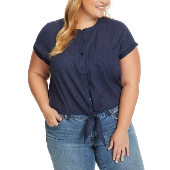 Trendy Plus Size Louelle Tie-Front Blouse Blues 2X