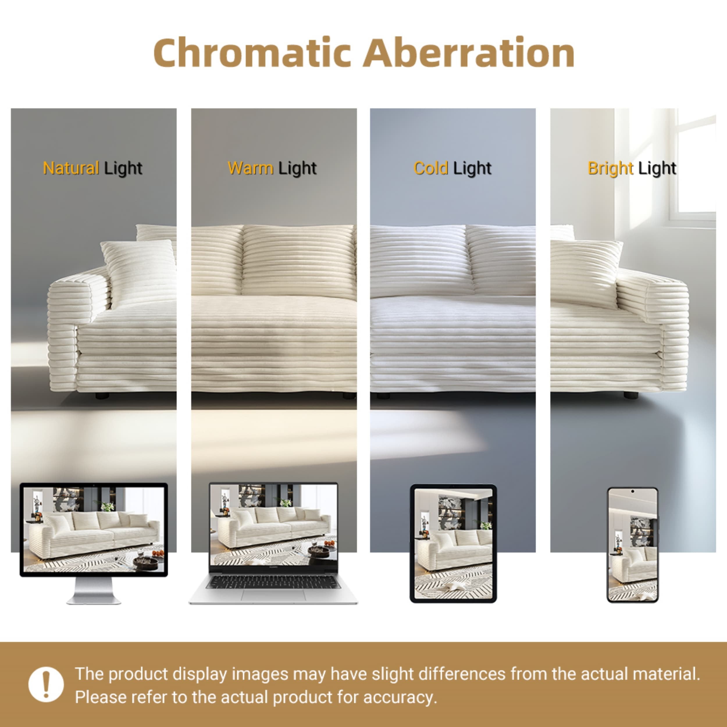 Alvantor 4-Seat Sofa 102" W Corduroy Upholstered Deep Seat Couches Convertible Chaise for Living Room, Apartment Beige