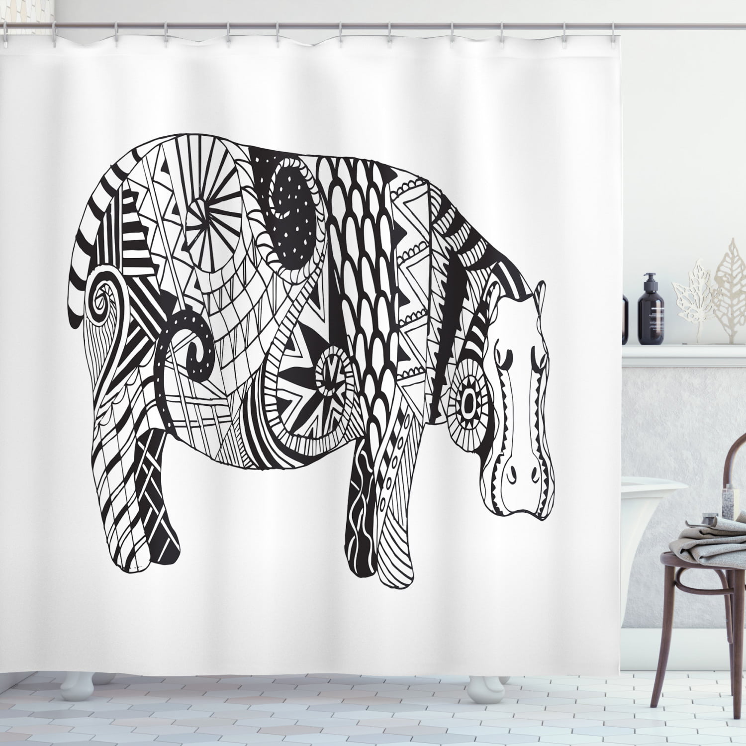 Hippo Shower Curtain Fabric Bathroom Decor Set with Hooks 4 Sizes