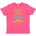 thumbnail image 3 of Inktastic Here Comes Trouble, Mustache - Blue Green Youth T-Shirt, 3 of 5