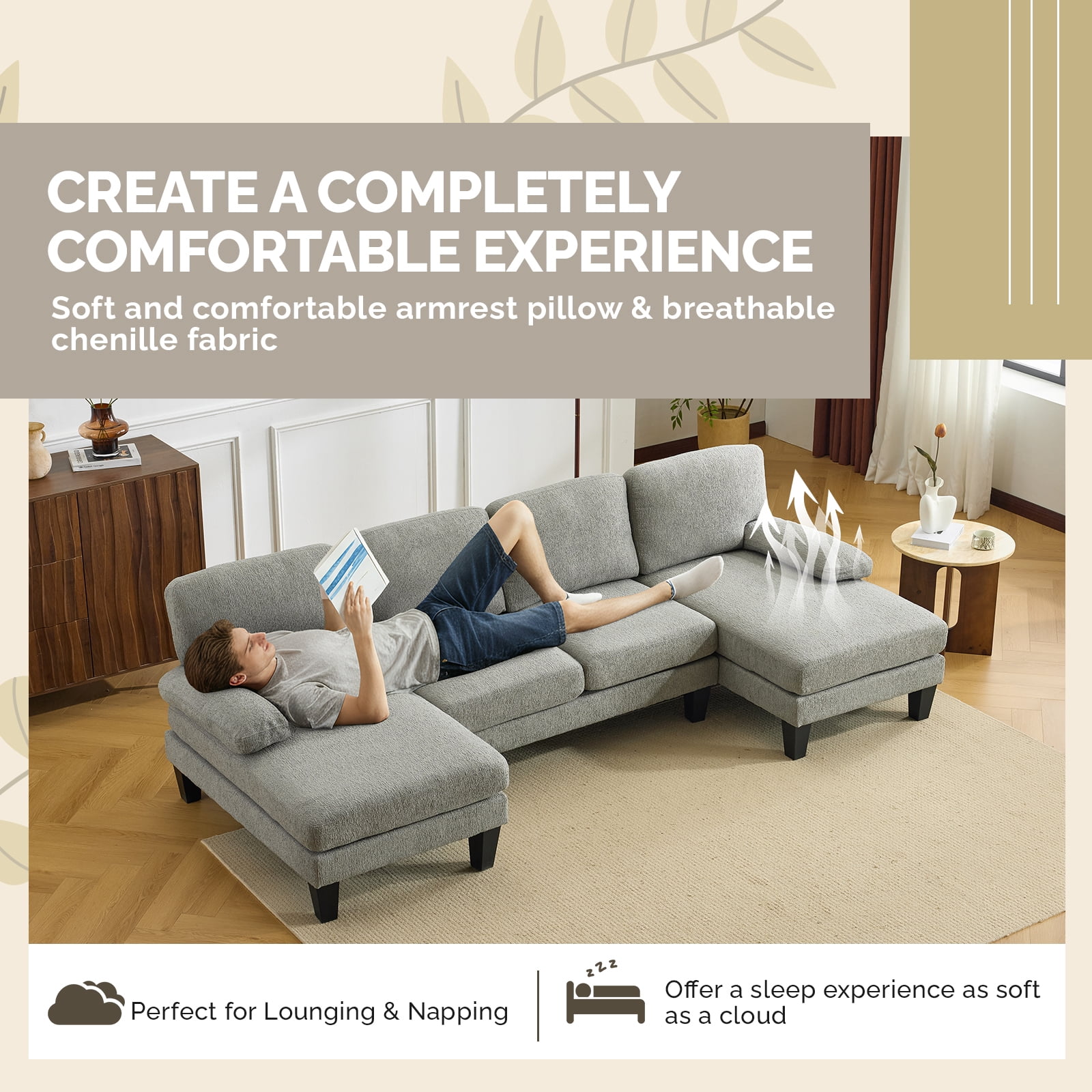 U-Shaped Convertible Sectional Sofa with 2 Short Chaise Lounges, 4-Seater Modular Chenille Fabric Couch with Plastic Legs, Indoor Living Room Combination Sofa
