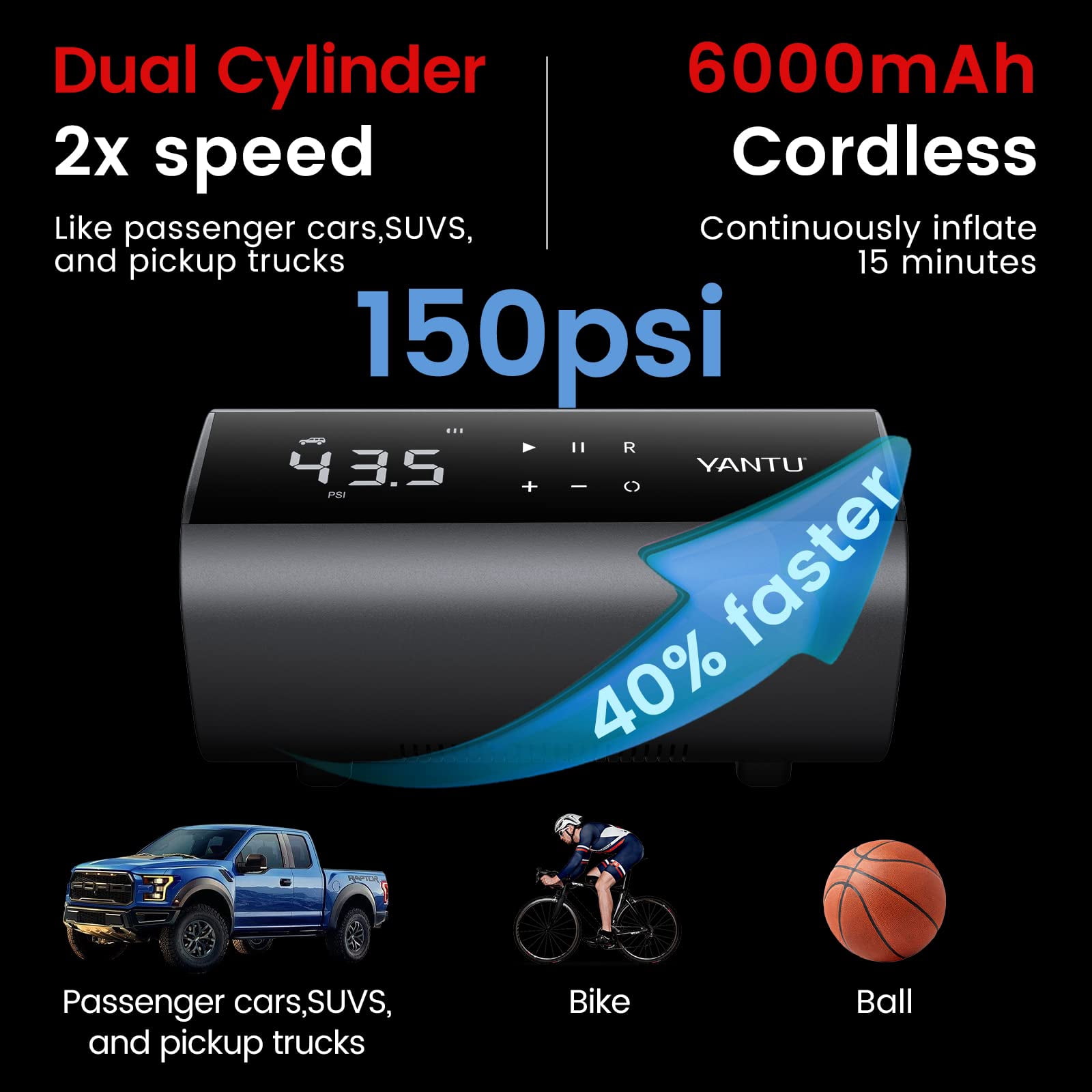 YANTU Cordless Tire Inflator Portable Air Compressor Air Pump For Car Tires,Tire Pump Battery Powered, Dual Cylinder 2X Inflation,tire pressure gauge with 8.3Inch Digital Screen for bicycle/Pickup/SUV