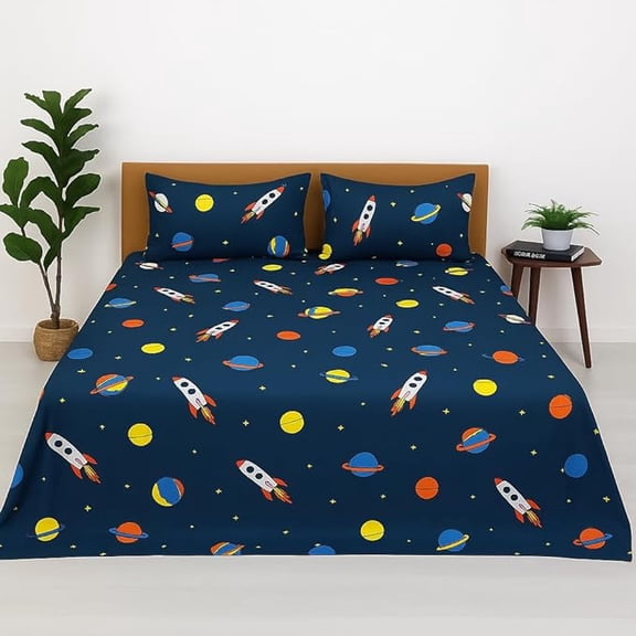 Kids Bed Sheet King Size Planet Spaceship Patterned - 108x108 Inch, Dark Blue | Fun, Colorful, & Cozy Sheet For Girls & Boys Room Decor