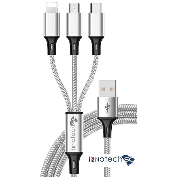 Cable de Carga Múltiple USB 4 Pies, Nailon de Aluminio 3 en 1, Universal con Conectores Tipo C/Micro/Lighting iOSB para la Mayoría de Teléfonos y Tabletas