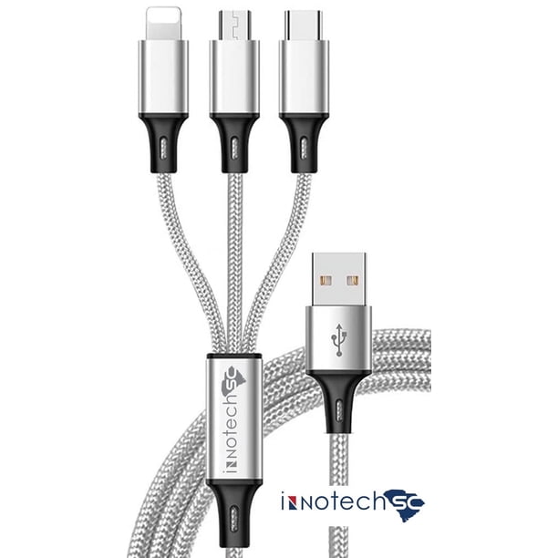 Cable de Carga Múltiple USB 4 Pies, Nailon de Aluminio 3 en 1, Universal con Conectores Tipo C/Micro/Lighting iOSB para la Mayoría de Teléfonos y Tabletas