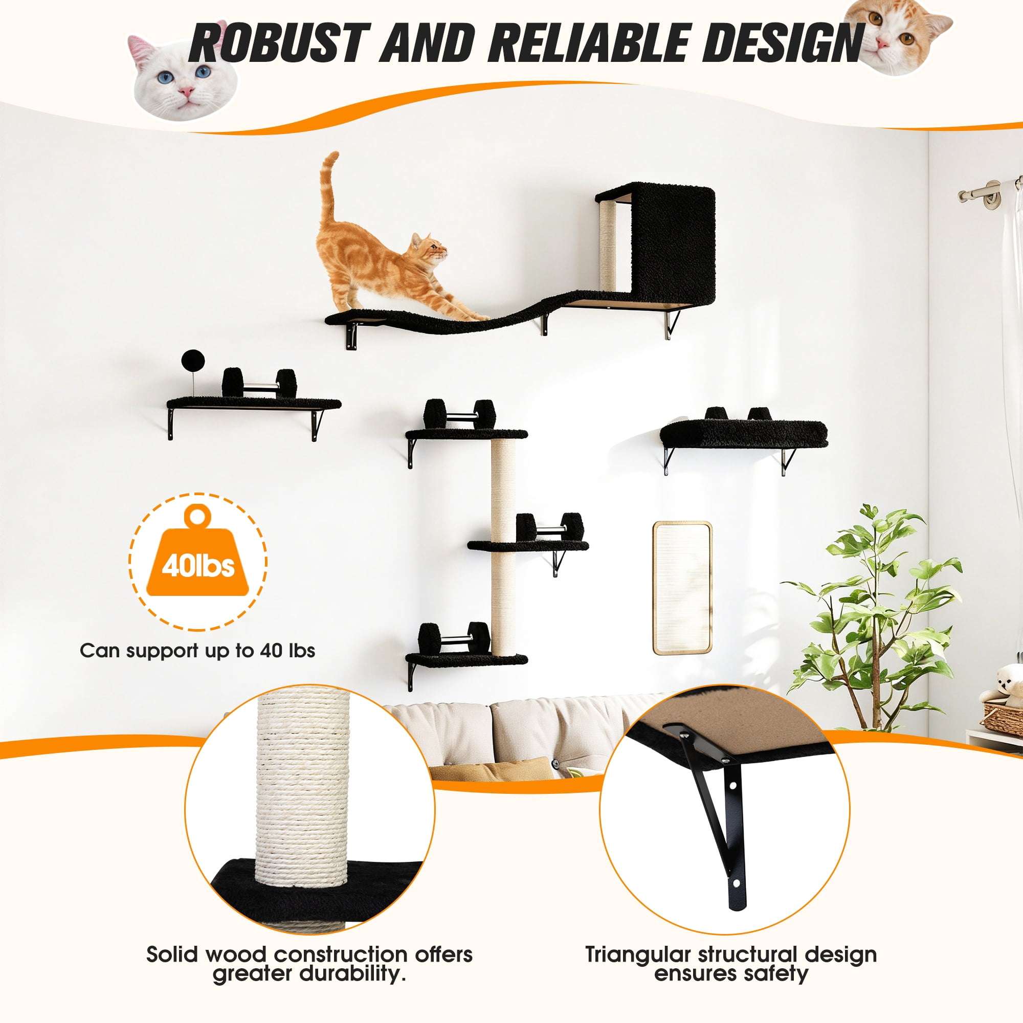 COZIWOW Wall Mounted Cat Furniture, Cat Wall Shelves and Perches, Floating Cat Shelves for Wall Set of 5, BBlack
