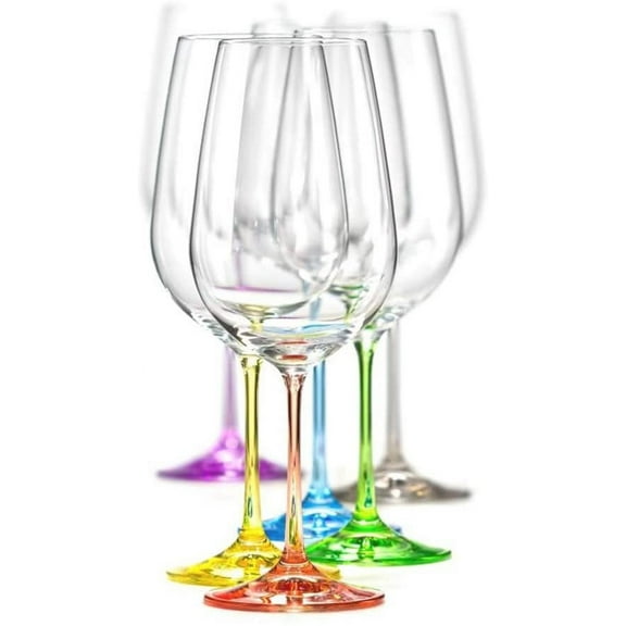 Crystalex Bohemian Crystal Set of 6 Crystal Wine Glasses 12 Oz, Different Color Stems