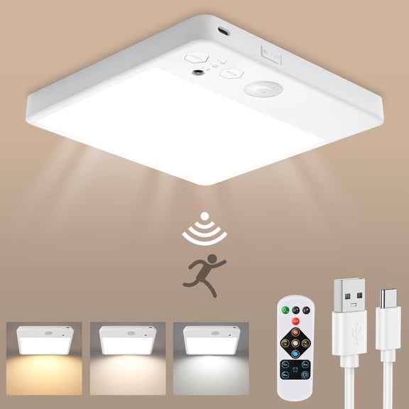 Motion Sensor Ceiling Light With Remote Control,Battery Operated Closet Light,Magnetic Timing LED Shower Lights,Rechargeable Ceiling Lamp for Bathroom Pantry Shed Hallway Porch, White