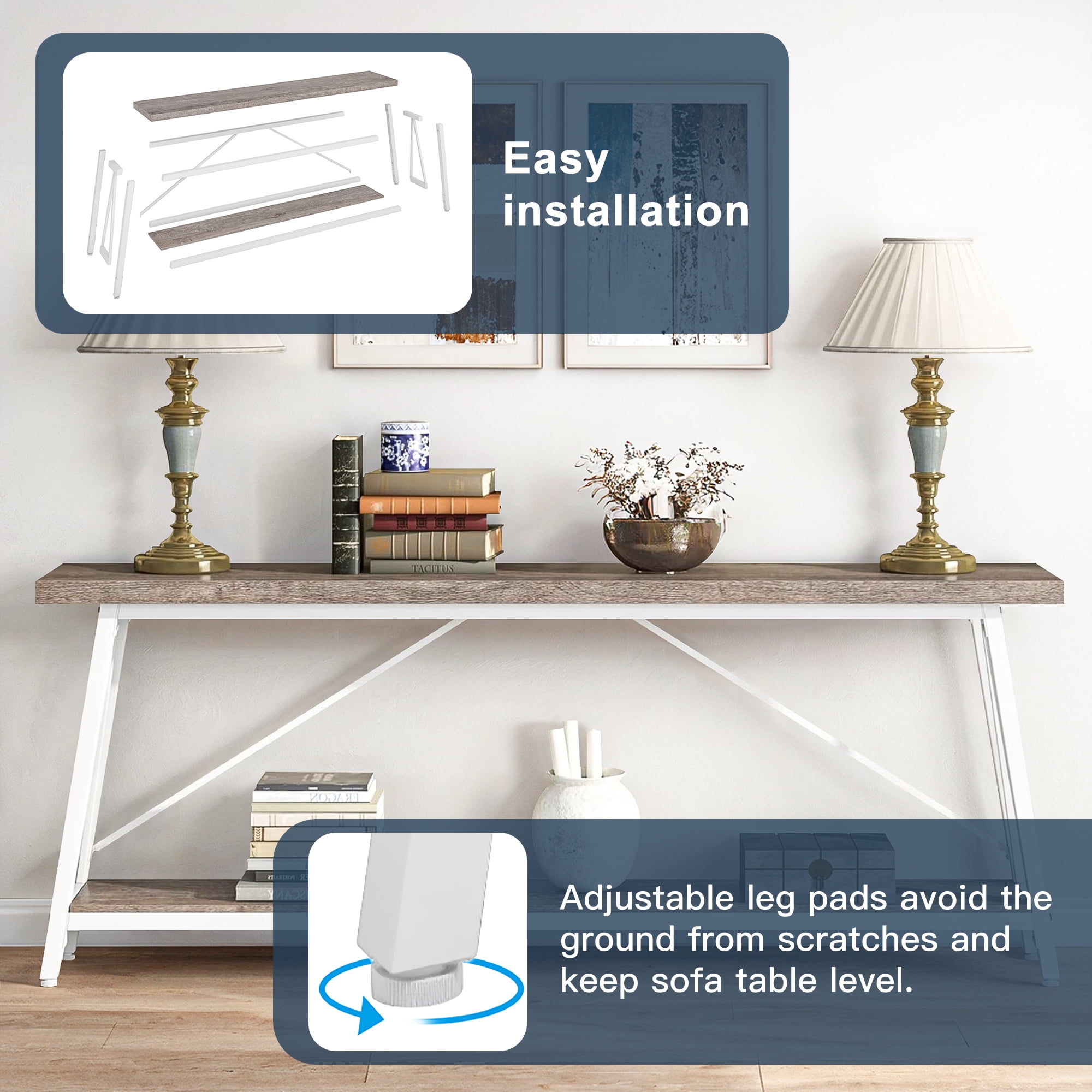 Demi Bonn 70.9" Console Table, Rustic Vintage Narrow Sofa Table for Entryway, Living Room, Hallway, Gray & White