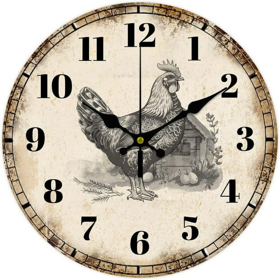 Hen Wall Clock Chicken Wall Clock Non-Ticking Clock Country Style Round Wooden Decorative Wall Clock MDF Printed Wall Clock for Home Living Room Bedroom Home Office Decoration