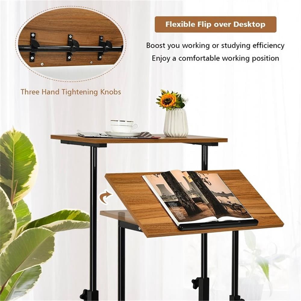 Pemberly Row MDF and Steel Adjustable Rolling Mobile Standing Desk in Walnut