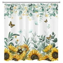 Sunflower Floral Shower Curtain Yellow Flowers Green Watercolor Eucalyptus Leaves Butterfly Bathroom Shower Curtain Spring Nature Plant Art Shower Curtain Home Decor with 12 Hooks 72x72 Inches