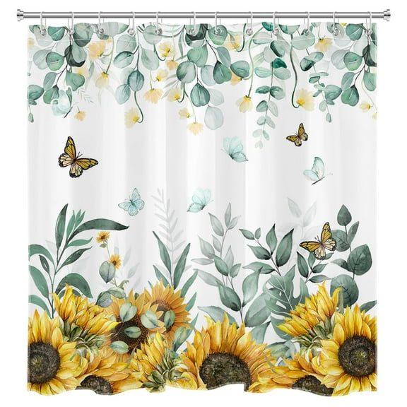 Sunflower Floral Shower Curtain Yellow Flowers Green Watercolor Eucalyptus Leaves Butterfly Bathroom Shower Curtain Spring Nature Plant Art Shower Curtain Home Decor with 12 Hooks 72x72 Inches