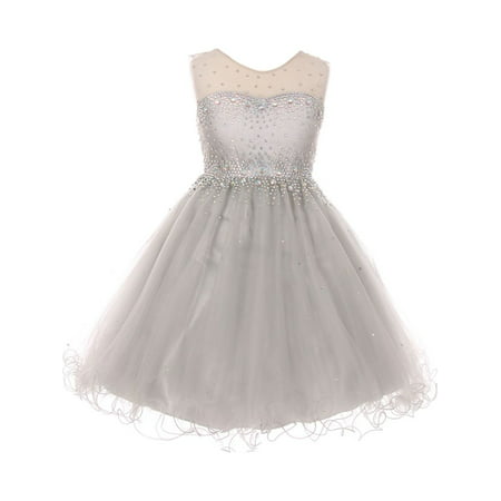 Cinderella Couture - Girls Silver Sparkling Rhinestone Illusion Tulle ...