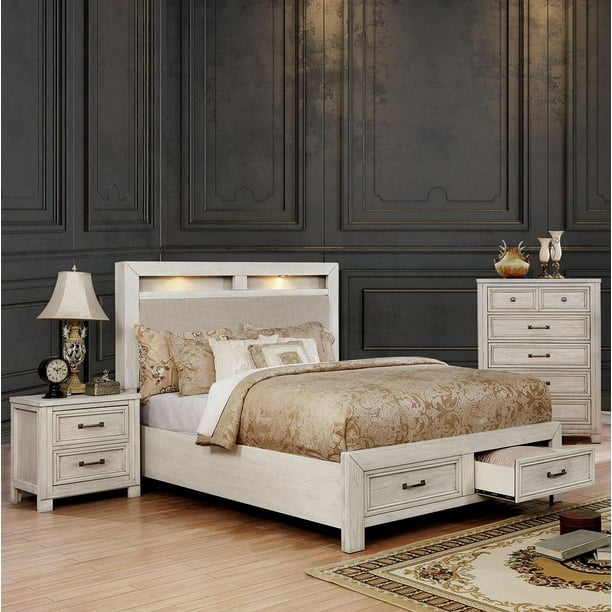 Transitional Antique White Solid Wood King Bedroom Set 3pcs FOA