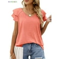 thumbnail image 3 of BadPiggies Casual Summer T-Shirts Women Ruffle Short Sleeve Tops V Neck Tunic Tee Blouse Loose Fit (L, Pink), 3 of 5