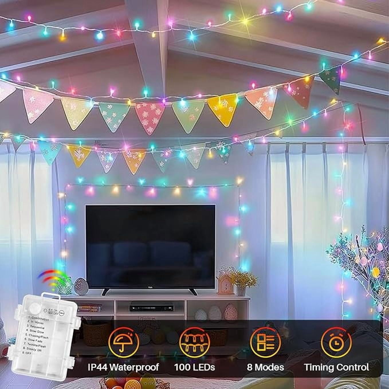 LAMPHOME Battery Powered Multicolor Christmas String Lights, 34.1FT 100 LED Waterproof Christmas Tree Lights with 8 Lighting Modes, Indoor & Outdoor Xmas Decor for Yard, Wedding, Home Ornaments