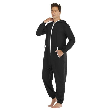 

Mens Pajamas Set Long Sleeve Soild Color Printed Jumpsuit Zipper Hood Pyjamas Nightwear With Pockets