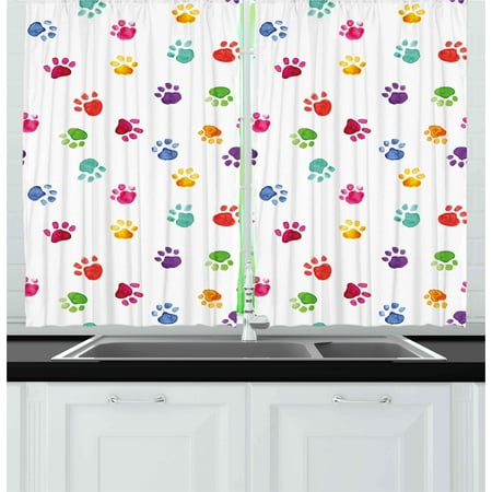 Hand Painted Artwork Set - Colorful Curtains 2 Panels Set, Hand Painted Illustration of Animal Footprints Cute Vibrant Artwork in Watercolors, Window Drapes for Living Room Bedroom, 55W X 39L Inches, Multicolor, by Ambesonne