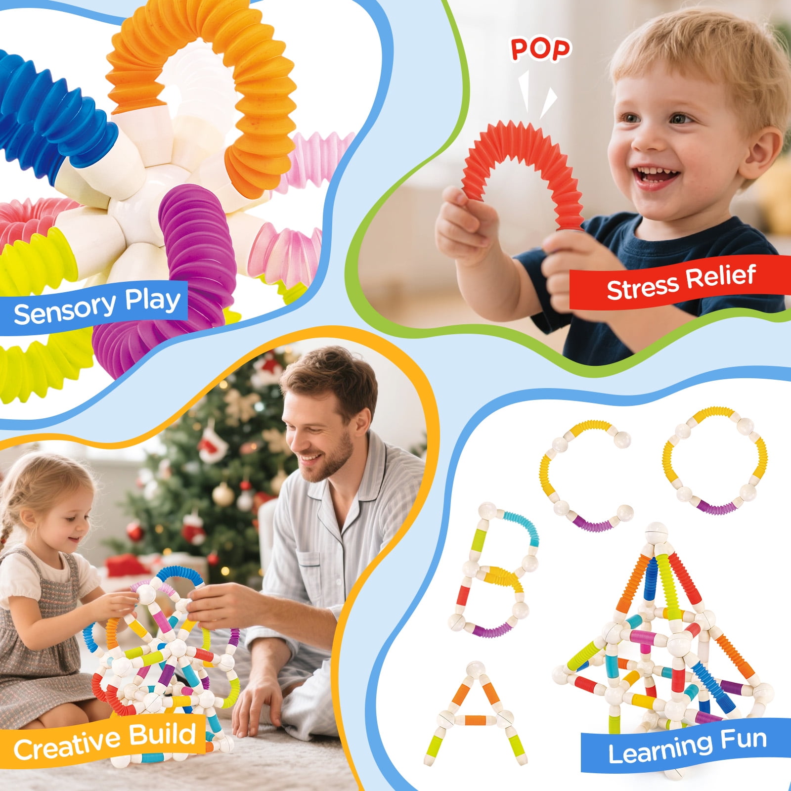 Toiyjofe Flexible Magnetic Building Blocks Set 48pcs for Kids Ages 3+, STEM Construction Toy with Stretchable Tubes & Magnetic Balls, Educational Gift with Storage Bag