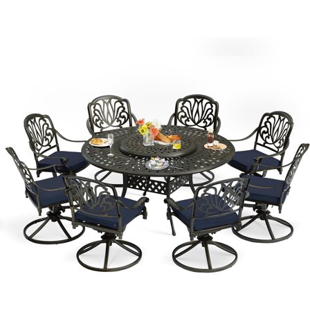 MEETWARM 9-Piece Outdoor Patio Dining Set, All-Weather Cast Aluminum Patio Conversation Set- 8 Cushioned Swivel Rocker, 61" Round Patio Dining Table w/Detachable Lazy Susan/Umbrella Hole, Navy Blue