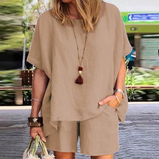 Puntoco Mujer Casual Verano Cuello Redondo Manga Corta Tops y Pantalones Cortos Dos Conjuntos Traje Liquidación Puntoco Puntoco-5553