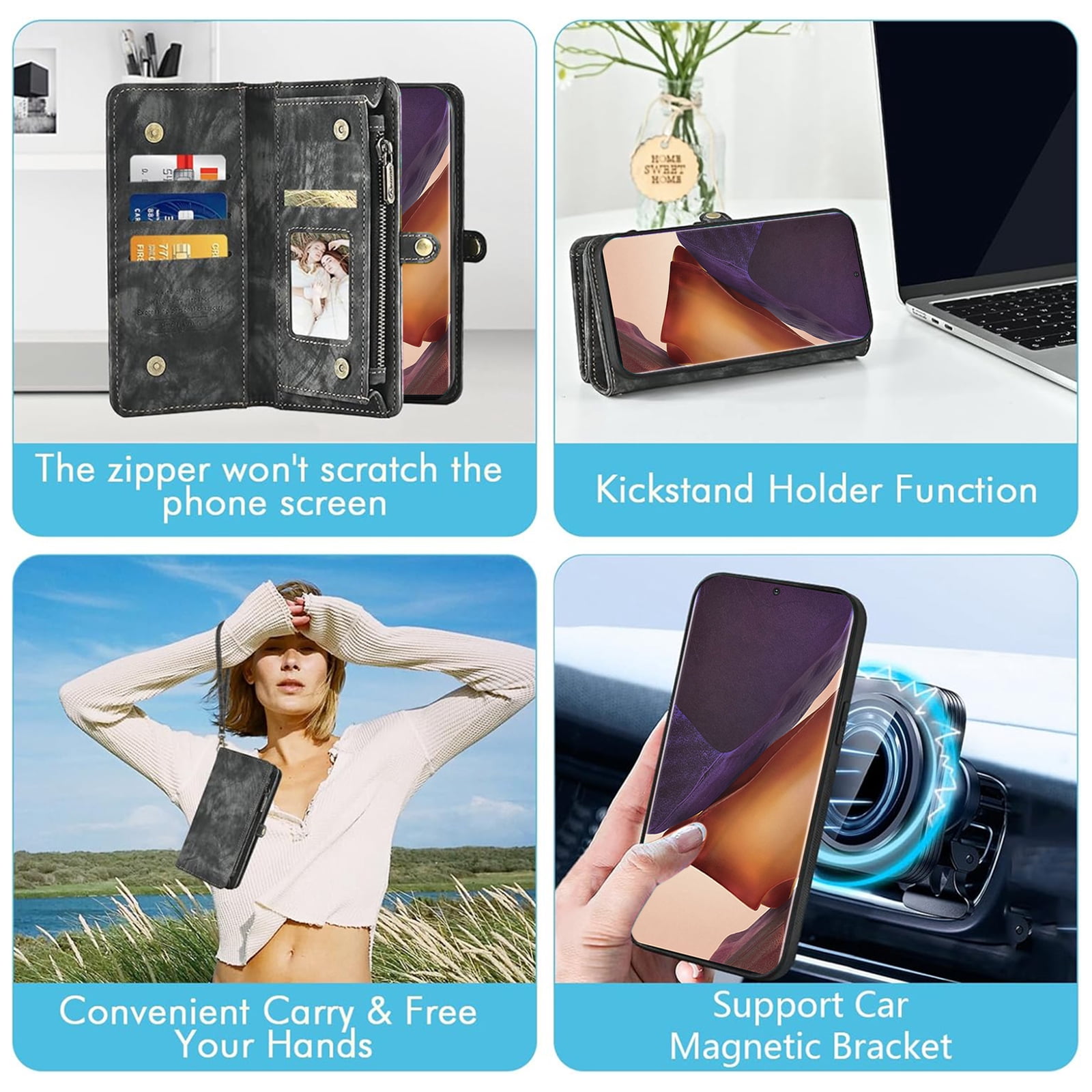 Asuwish Compatible with Samsung Galaxy Note 20 Ultra 5G Phone Case Zipper Wallet Screen Protector Strap Flip Card Holder Cell Cover for Note20 Plus Notes 20Ultra Note20+ U + 20+ Twenty Not S20 Black