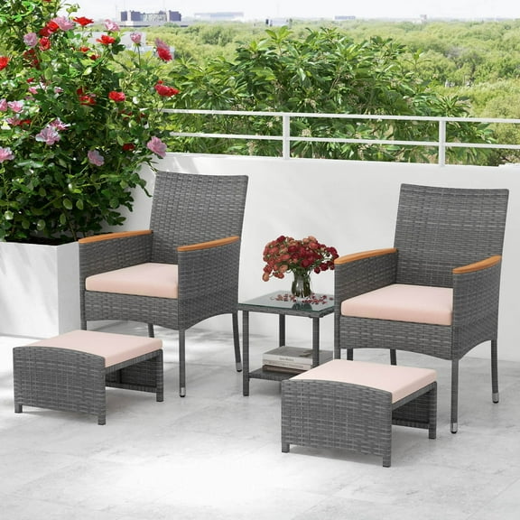 Costway 5 PCS Patio Conversation Set with Soft Cushions Ottomans & Tempered Glass Top Table