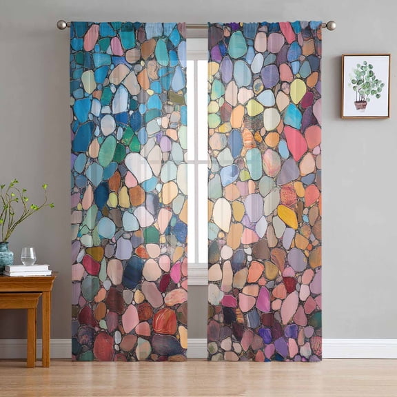 Colorful Stone Semi Sheer Curtains 72 Inch Length 2 Panels Set, Rainbow Abstract Oil Painting Brushwork Sheer Kitchen Curtain Privacy Voile Window Curtain for Living Room Bedroom Rod Pocket Drapes