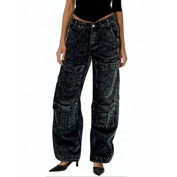 YAYUBA Womens Jeans Bootcut Crossover High Waisted Straight Leg Loose Tummy Control Classic Trouser Jeans with Multiple Pockets,Black,L