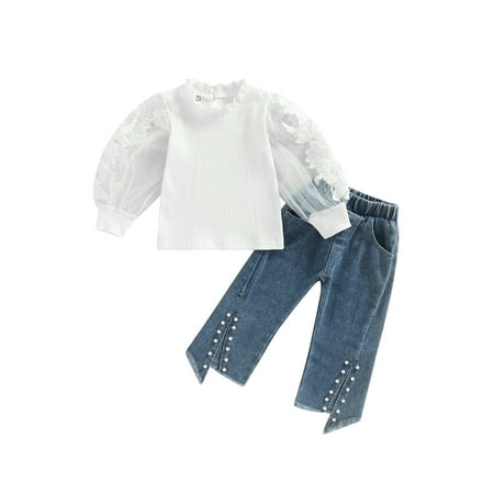 

Bmnmsl Kid Autumn Set Long Sleeve Flower Patchwork T-shirt with Pearl Slit Jeans