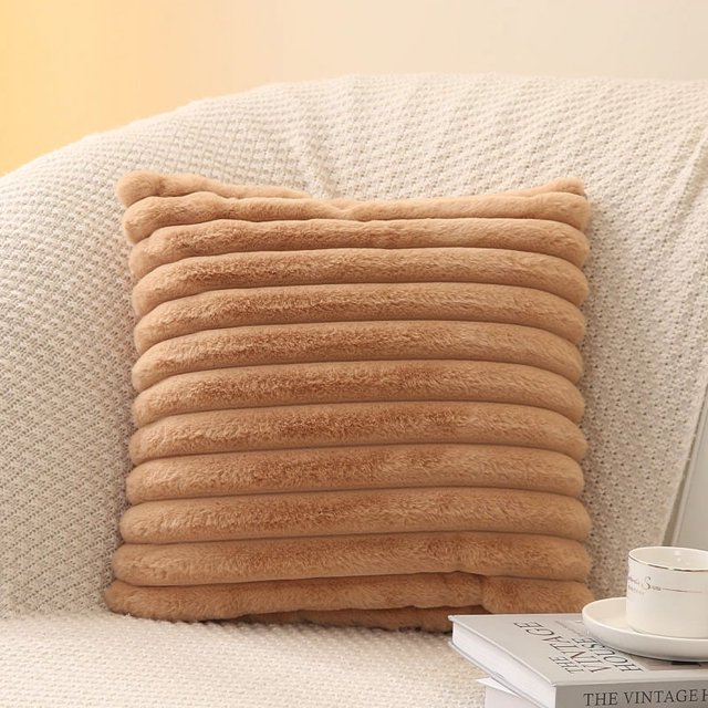 Funda de almohada de felpa de conejo de imitación con tiras verticales de color sólido, funda de cojín sencilla de un solo lado para sofá o dormitorio