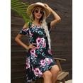thumbnail image 4 of CALIPESSA Womens Summer Floral Print Black Cold Shoulder Short Sleeve Round Neck Flared Tunic A-Line Dress, 4 of 5