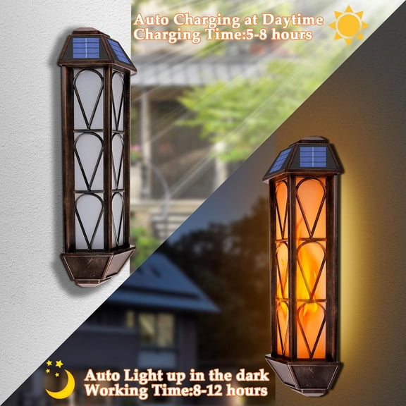 Solar Flame Wall Sconce Lights Outdoor, 74 LED Flickering Flame Sconces, Solar Powered Auto On/Off, Waterproof Wall Lanterns for House Garage Doorway Garden Porch Yard Decoration (2 Pack)