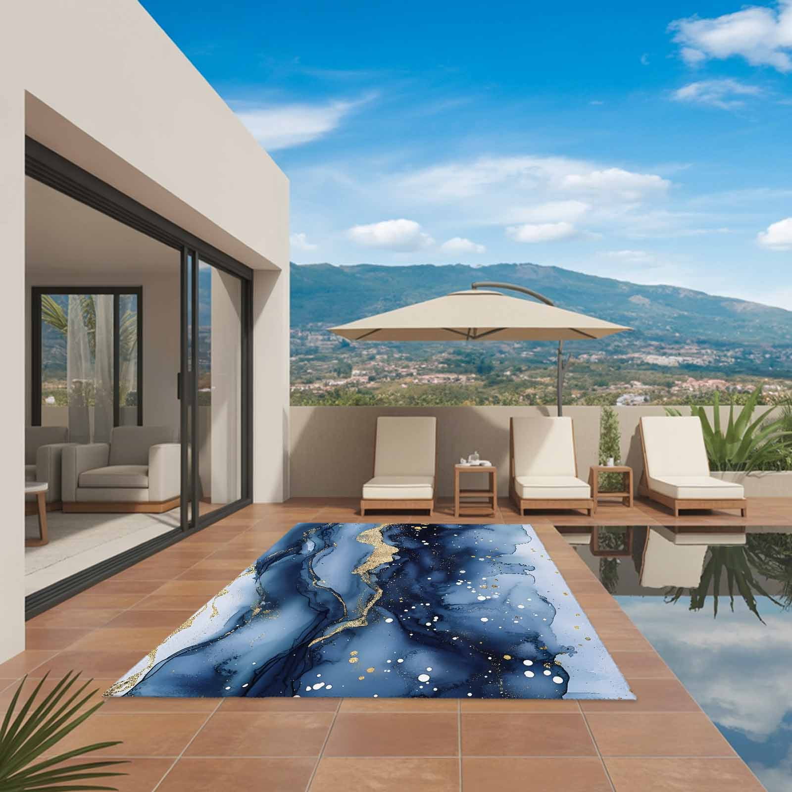Outdoor Rug 5x8ft Ombre Blue Golden Marble Texture Large Area Rug Abstract Art Indoor Outdoor Carpet Outdoor Rugs Mats for Patio Camping,RV,Front Door, Outside Decor