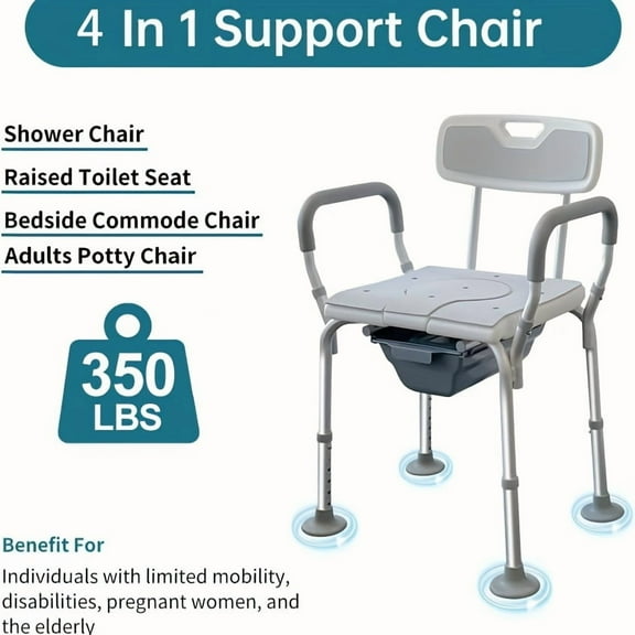 4In1 Heavy Duty Bedside Commode Toilet Chair for Seniors, Raised Toilet Seat Riser with Handles Arms, Portable Potty Shower Chair, Toilet Safety Rails Frame for Elderly Handicap Adult