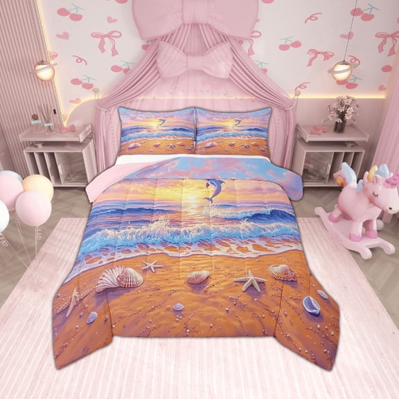 Erosebridal Ocean Beach Bedding Twin Comforter Set,Dolphin Starfish Down Comforter,Sea Animal Bedding Sets Twin with Comforter,Breathable Sunset Room Decor,Reversible,2-Piece