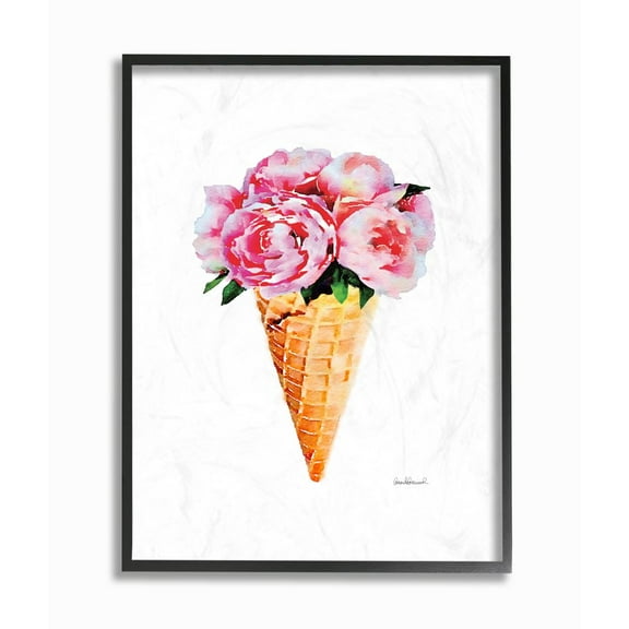 Stupell Industries Minimal Icecream Cone with Pink Peonies Framed Wall Art by Amanda Greenwood