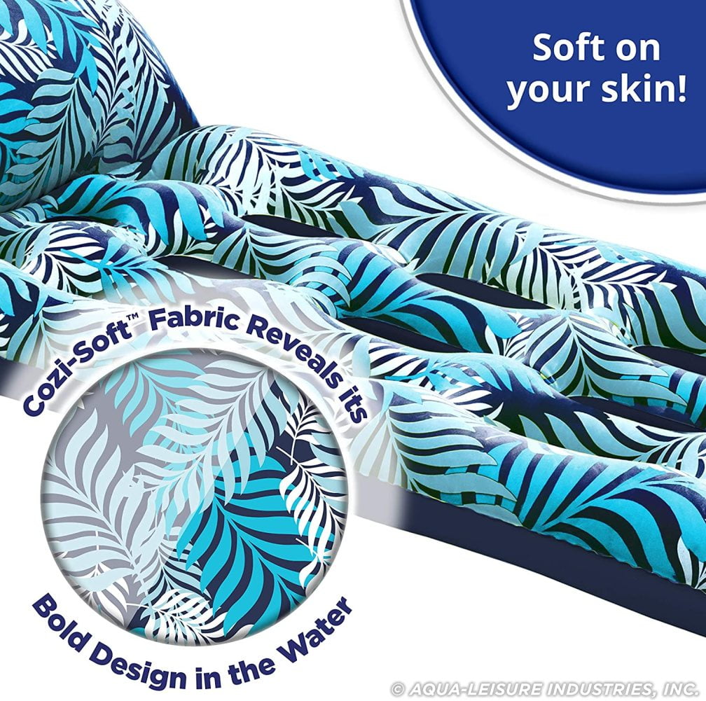 Luxury Fabric Blue Ferns Aqua 18-Pocket Inflatable Contour Lounge Suntanner Pool Float Heavy Duty