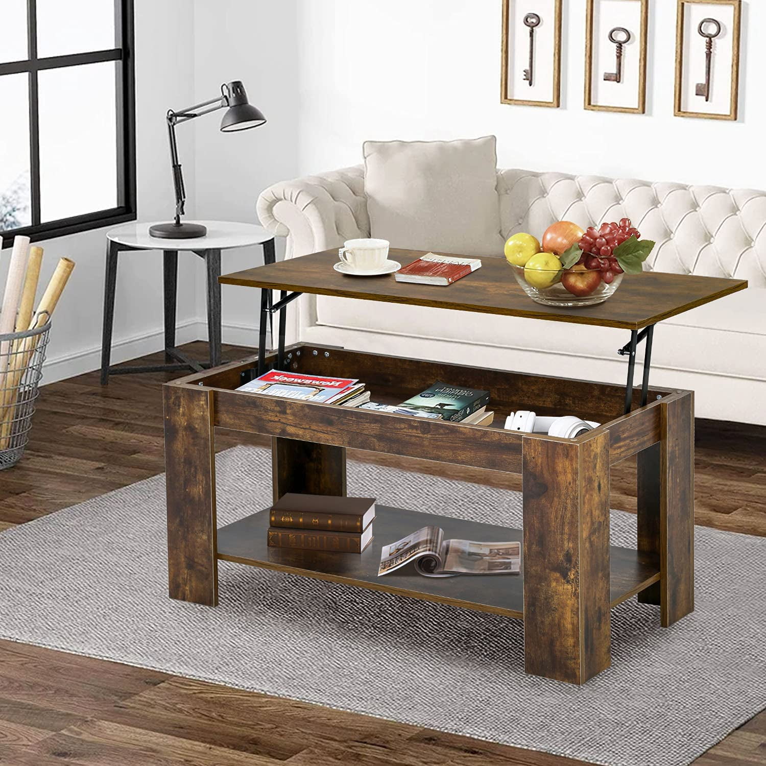 FDW Lift Top Coffee Table with Hidden Compartment and Storage Shelf Wooden Lift Tabletop(Brown)