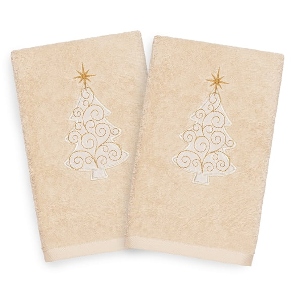 Authentic Hotel and Spa  Turkish Cotton Christmas Scroll Tree Beige Set of 2 Hand Towels
