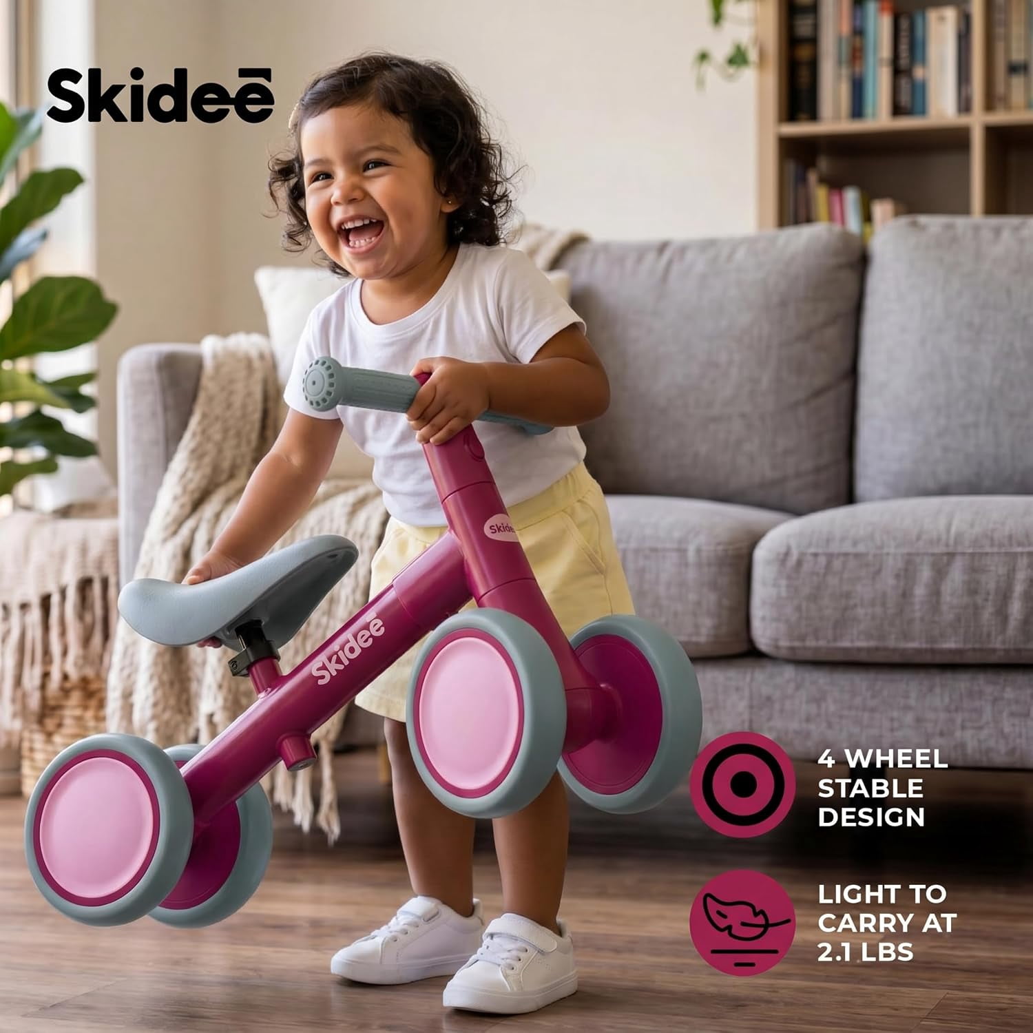 Skidee Toddler Balance Bike 1-3, 4-Wheel Balance Bike with Rare Light-Motion-Activated LED Wheels, Adjustable Height & Child Safe Steering, Lightweight Ride-On Toy Training Bike for Boys & Girls
