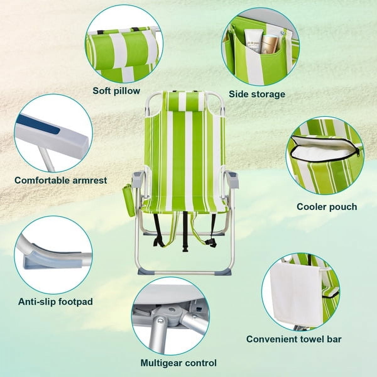 Alvantor High-Seat Beach Chair, 5-Position Reclining Aluminum Frame, Green Stripe