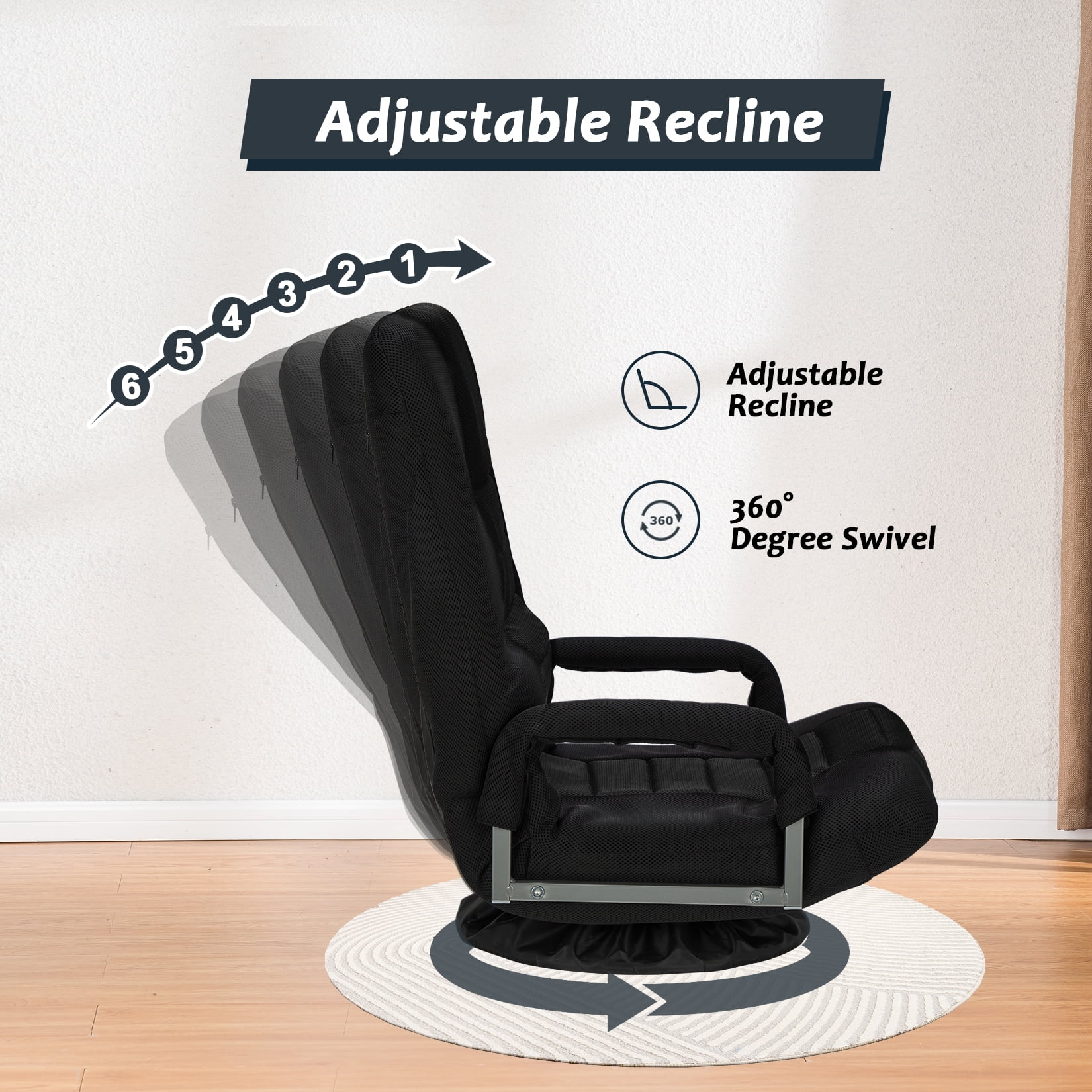 Avocahom Swivel Gaming Floor Chair w/ Armrest Handles, No Assembly gaming chair rocker, Folding Reclining Sofa w/6 Position Adjustable Backrest for Video Games, Watching TV, Reading,Black