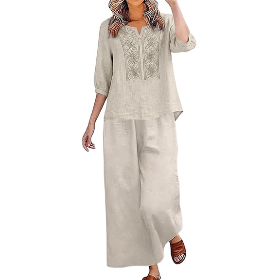 Womens 2 Piece Outfits Summer Cotton Linen Casual Matching Sets Lounge 3/4 Sleeve Embroidered Top and Capri Pants