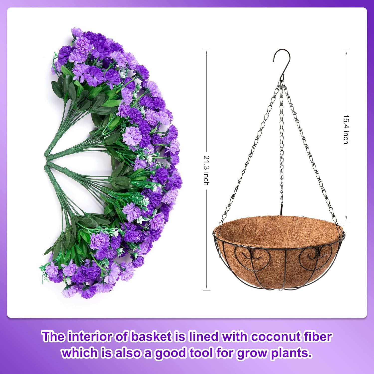 Artificial Faux Hanging Flowers Basket for Outdoors Outside Porch Decoration, Silk Fake Hanging Flowers Colorful Daisy with Coconut Lining Baskets for Courtyard Spring Summer Decor(Violet)