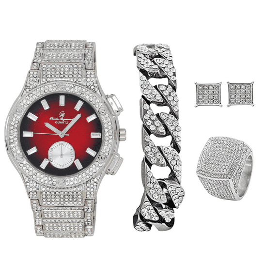 Bling-ed Out It's Lit! Hip Hop Watch & Jewerly Set w/Cuban Chain Bracelet, Kite Bling Earrings & Ring - GJM13 (10, ST10311 MB SLV Red)