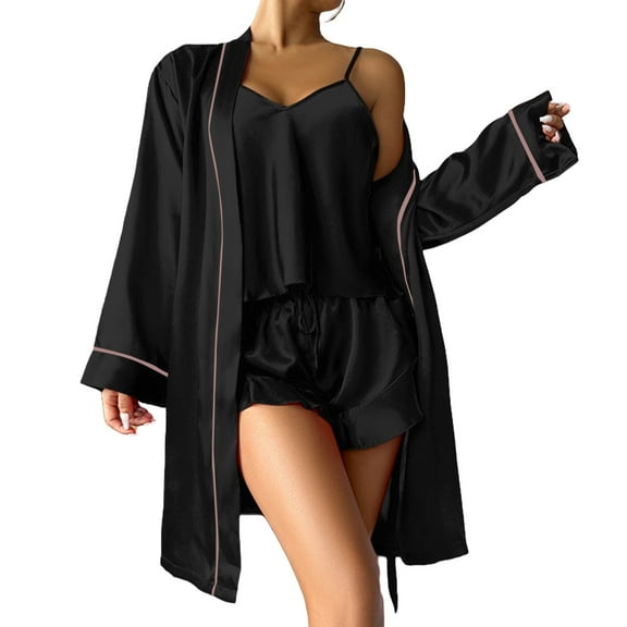 Ihph7 3 Piece Pajama Set for Women Robe Sets for Women Satin Pajama Set for Women's Sleepwear Long Sleeve Pajama Set for Women Fall Pajamas for Women Silk Pajamas for Women Black L